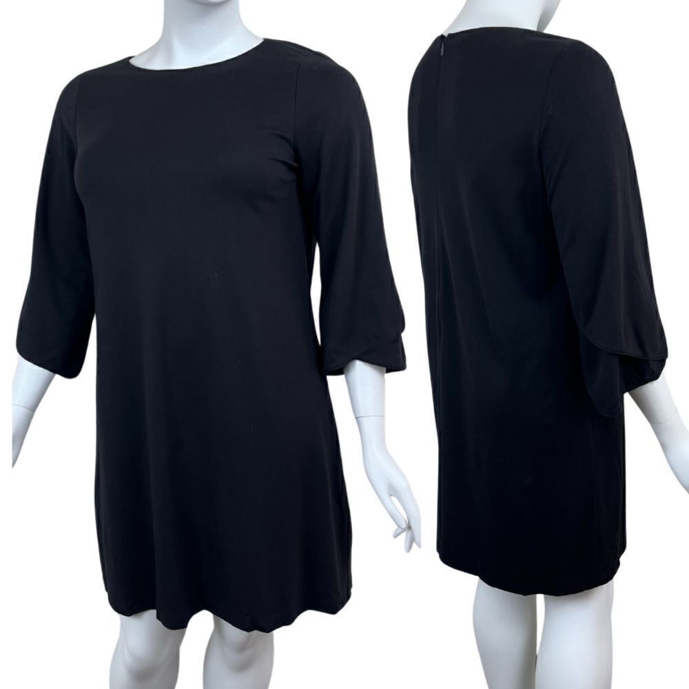 Lafayette 148 Women Size L Black Jersey Knit Stretch 3/4 Sleeve Shift Midi Dress